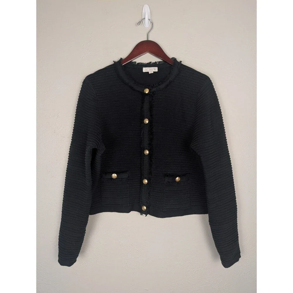 J. Crew Emilie Sweater Lady Jacket Textured Cotton Fringe Gold Buttons Black L